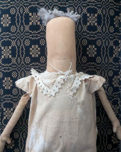 Lg Primitive Doll Handmade Cloth 28” Tall Very Old Embroidered Material Dress B - Picture 3 of 7