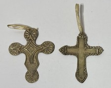 Vintage Brass Cross 4  Christmas Tree Ornaments Unmarked Gold Ribbon 2 Pcs.