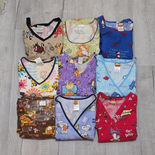 Lot Of 9 VTG Women's XL,L,M Disney Dr Seuss Peanuts Garfield Medical Scrub Tops