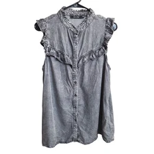 Doe & Rae Black Chambray Sleeveless Ruffle Blouse Size Large