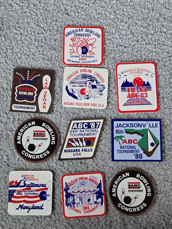 Ten (10) Vintage Bowling Decals ABC Member and Tournaments 