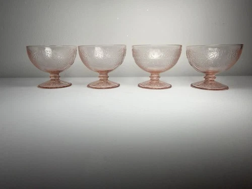 Vintage Pink Depression Glass Sherbet Dessert Cups Etched Floral Set of 4