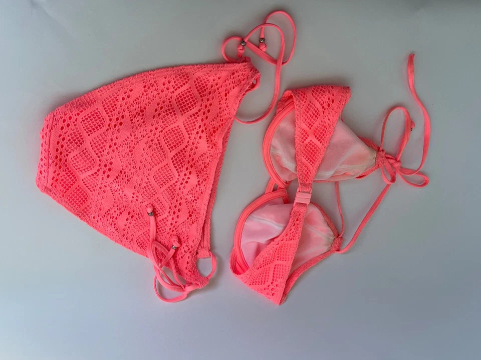 FREYA Sundance Pink Crochet Bikini 32E Halter Top Underwired UK M Bottoms - Image 2 of 4