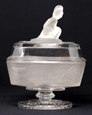 Vintage L G Wright WESTWARD HO! Clear & Frosted Glass Compote, 7" Long VGUC