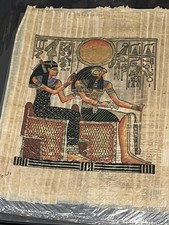 Vintage Egyptian painting on papyrus Hathor And HORUS