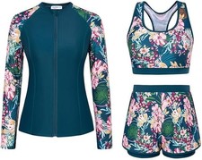 JASAMBAC Women's 3 Piece Rash Guard Swimsuit Boy Shorts Bathing Suit Bikini Top