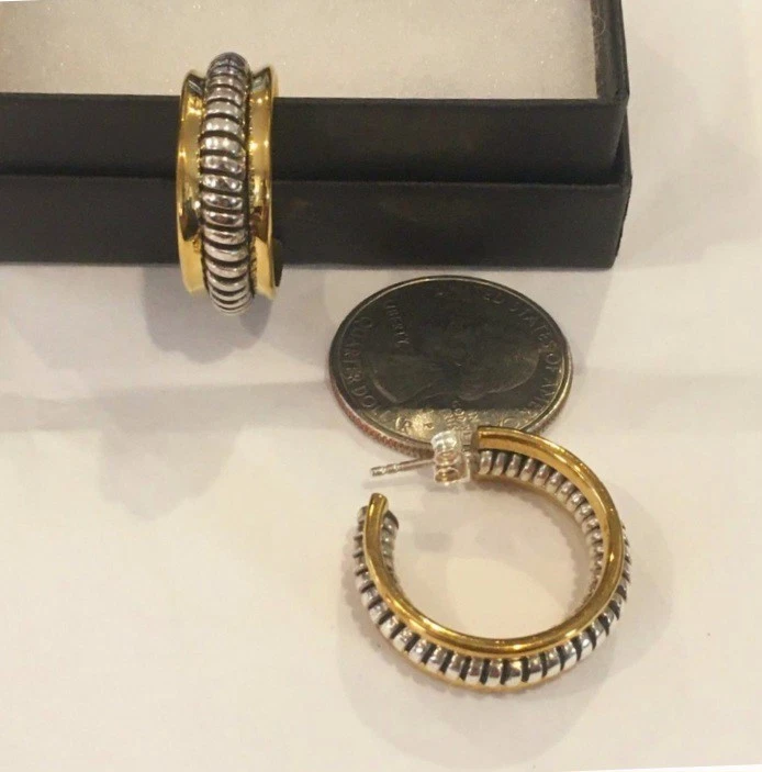 Vtg., Retired 'Silpada' 925 Sterling Silver & Brass Rope Two-Tone Hoop Earrings - Image 2 of 4