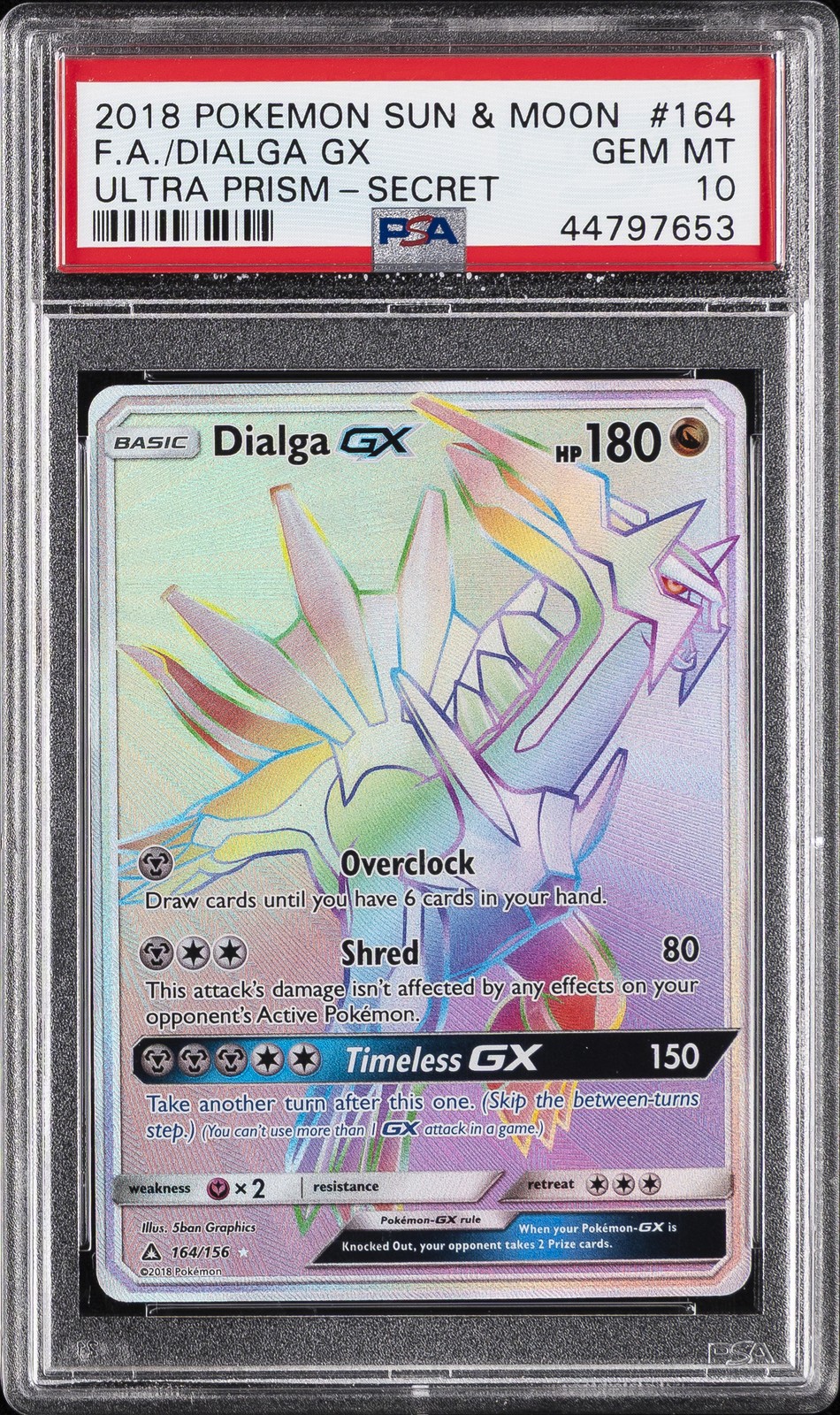 2018 POKEMON SUN & MOON ULTRA PRISM SECRET #164 FULL ART/DIALGA GX PSA 10