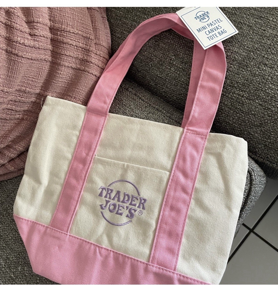 Pink Trader Joes Mini Tote Bag Pastel Limited Easter Embroidered NWT