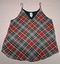 Naif Sleeveless V-Neck Sheer Casual Camisole Top Plaid Red Multicolor Size M