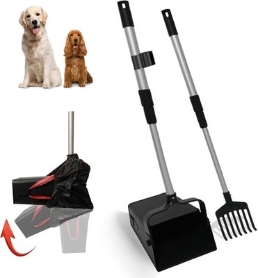 Pooper Scooper Metal 38''Long Adjustable Handle Swivel Bin & Rake for Large&Small