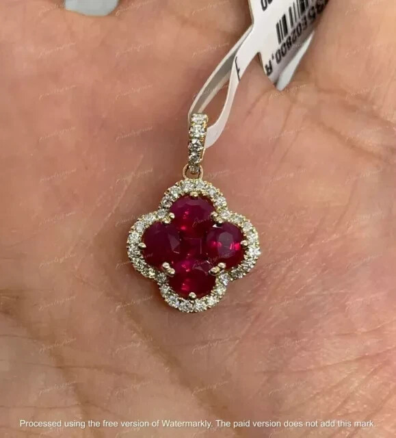 2Ct Oval Lab-Created Ruby Clover Pendant in 14k Gold Plated 18