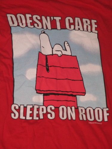 New Peanuts Snoopy T-Shirt Top Girls Size XL 16 Red Doesn't Care Sleeps On Roof - Picture 2 of 2