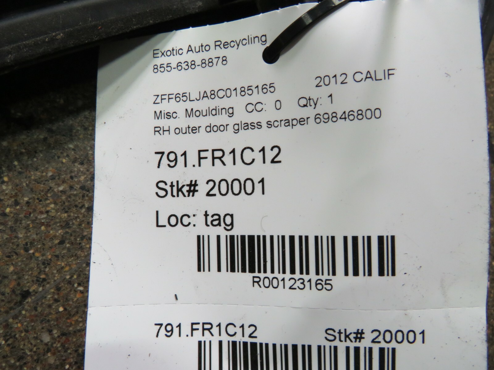 Ferrari California, RH, Outer Door Moulding Glass Scraper, Used, P/N 69846800