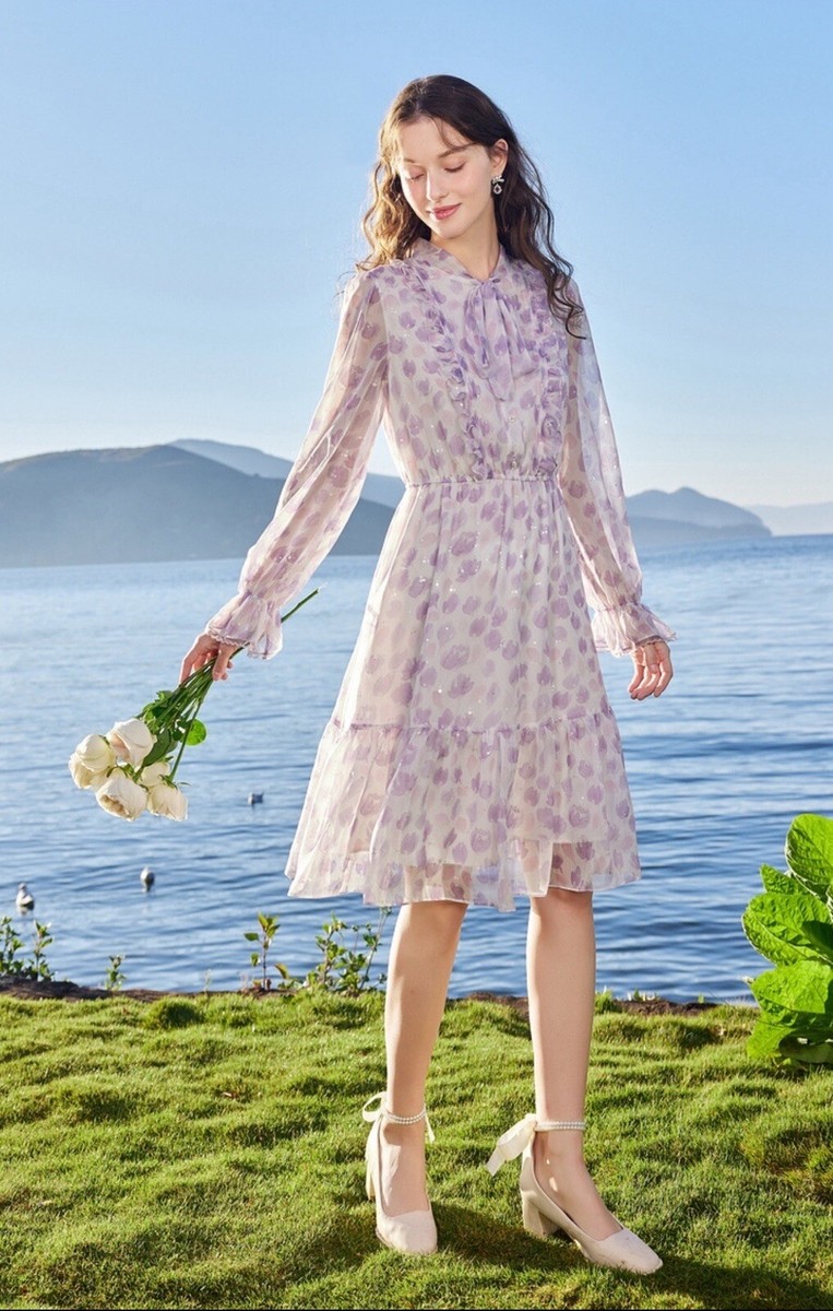 a line dress with ruffle hem NWT Bow Tie Neck Floral Print Button Front A-line Lilac Size S Neck Waistline 1377 Davids bridal a line Color:Light Blue/Multi*