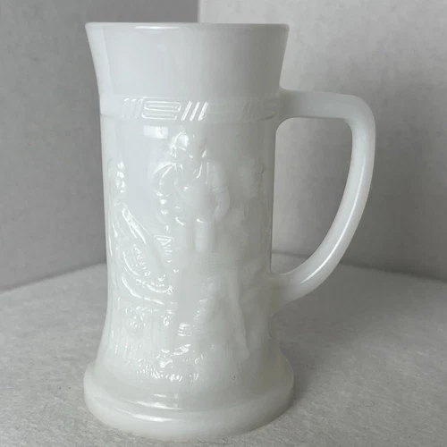 Vintage Federal White Milk Glass Beer Stein/ Mug Embossed Bar Pub Scene