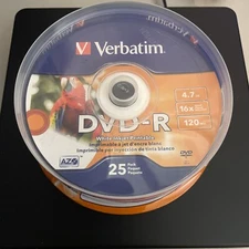 VERBATIM AMERICAS LLC 96191 DVD-R 4.7GB 16X WHITE INKJET PRINTABLE, HUB PRINT