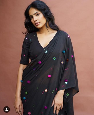 Now Trending Special pure Mirror & Pompom Handwork Cotton Saree With Bp