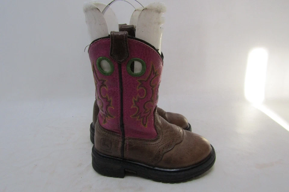 John Deere Youth Size 9 M Pink Brown Leather Buckaroo Cowboy Western Boots - Image 3 of 4