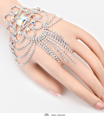 Ab Silver Hand Chain Crystal Clear Rhinestone Costume Pageant Bracelet Wedding