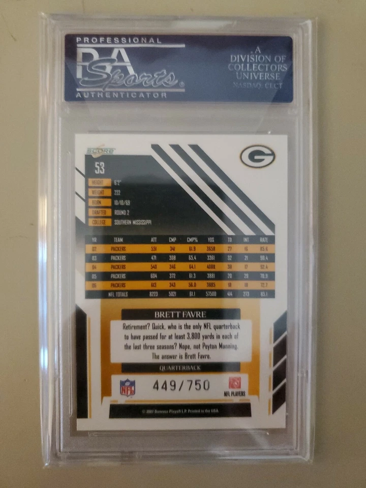 Tarjeta de puntuación 2007 Brett Favre/tarjeta 750 clasificada PSA 10 POP 1 Foto 2 de 2