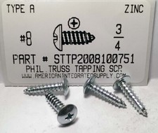  8x3/4 Truss Head Phillips Tapping Screws Steel Plated 300 
