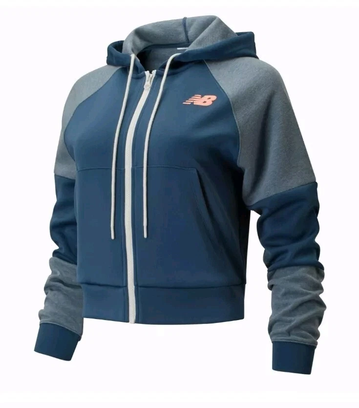 New Balance Womans Crop Sweatshirt Hoodie Blue Pink Logo Comfy Achiever Zip Rare