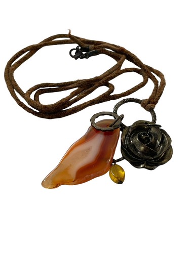 Red Agate  Rose Charm Long Drop Pendant Necklace On Brown Leather Cord Orange - Picture 2 of 17