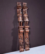 35" Pair of French Antique Solid Oak Highly Carved Wood Figures Trim Posts