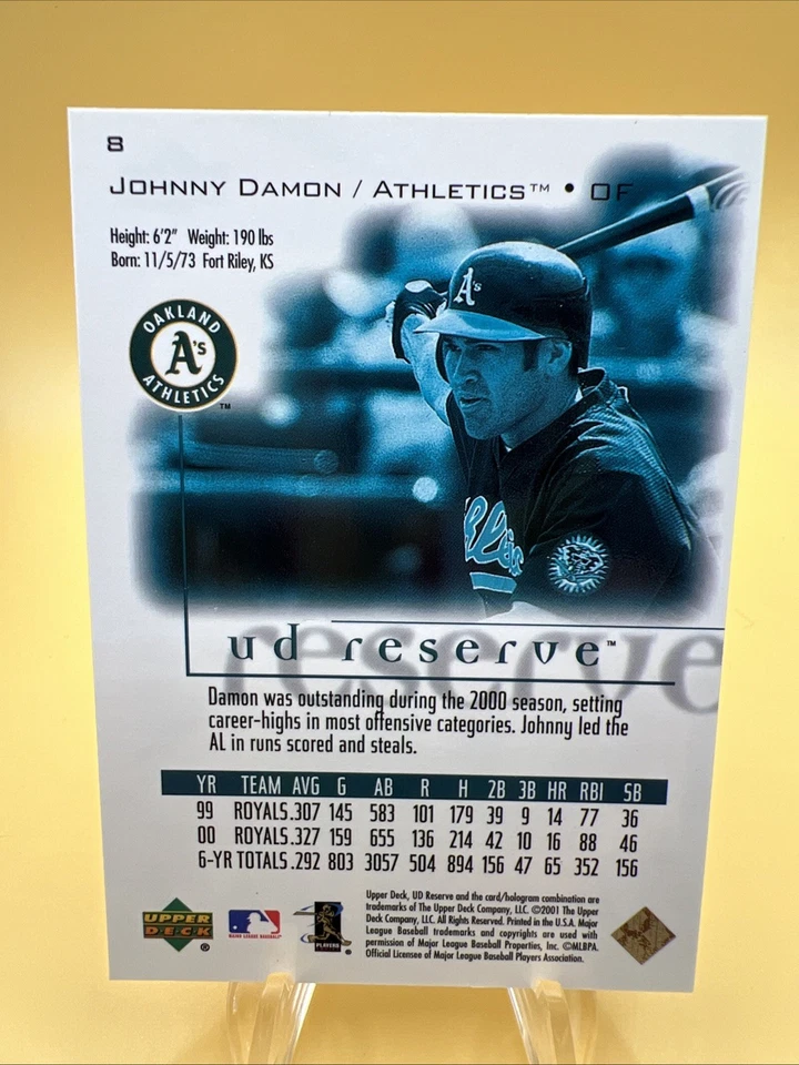 2001 UD Reserve Johnny Damon #8 Oakland Athletics Baseball Card - Image 2 of 2