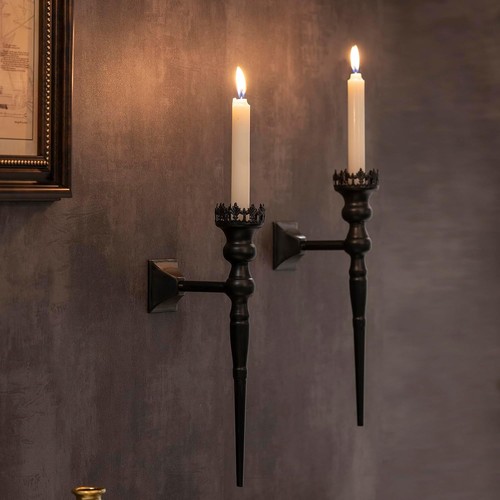 Set of 2 Gothic Wall Sconce Candle Holders Black Iron Victorian Crown Scepter