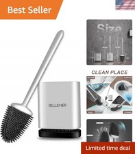 Durable Toilet Brush and Holder - Non-Tangling Silicone Bristles in Silver