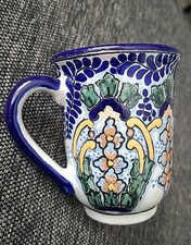 Taza Uriarte Talavera Pintada a Mano Piedra México Cerámica Firmada Numerada Floral a