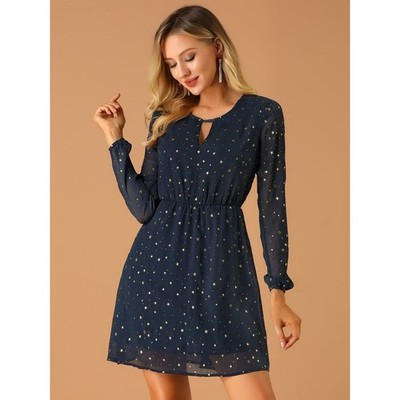 Allegra K Womens Dress XL Gold Star Print Long Sleeve Mini Keyhole Navy NWT