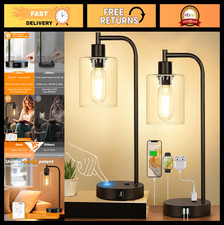 Industrial Touch Control Table Lamps Set of 2 - USB C A Ports, AC Outlet, 3-Way