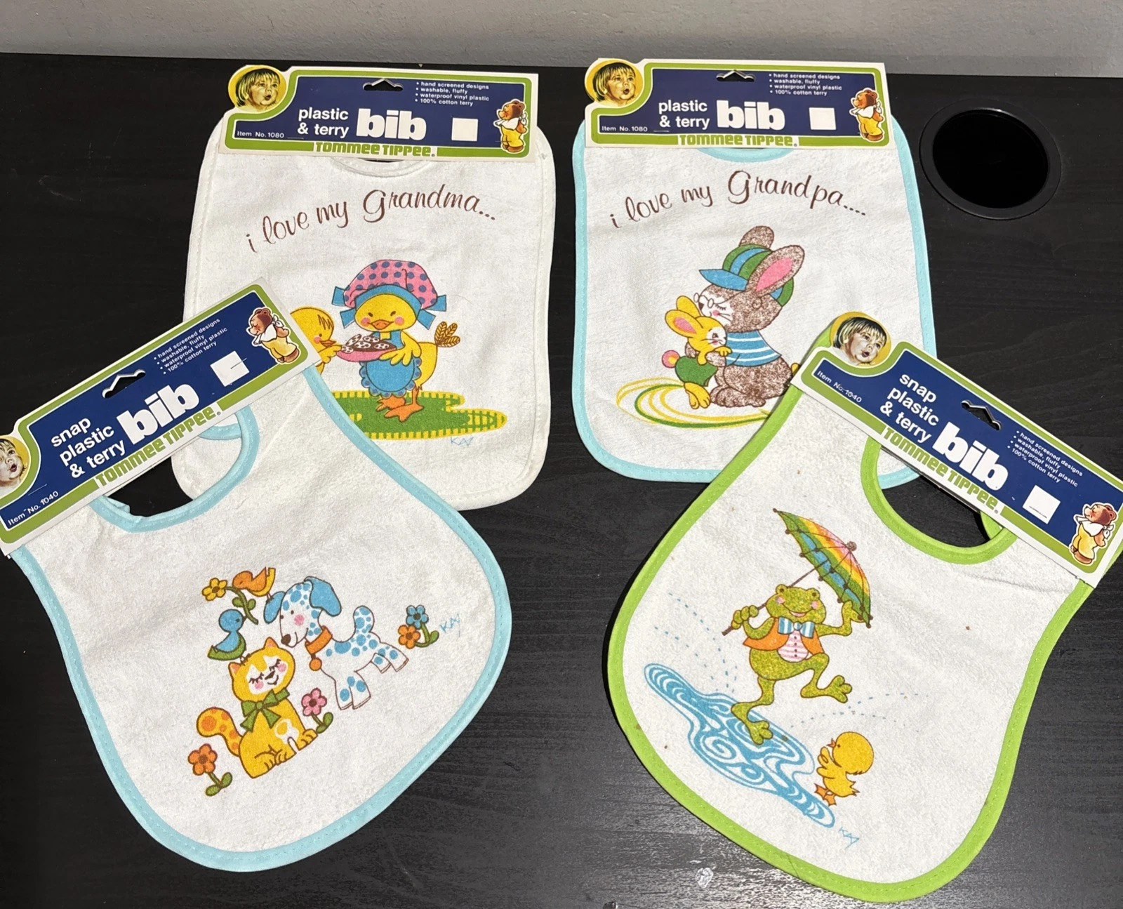 Vintage Snap Plastic & Terry Bib Cloth Baby New Old Stock Tommee Tippee Lot Of 4