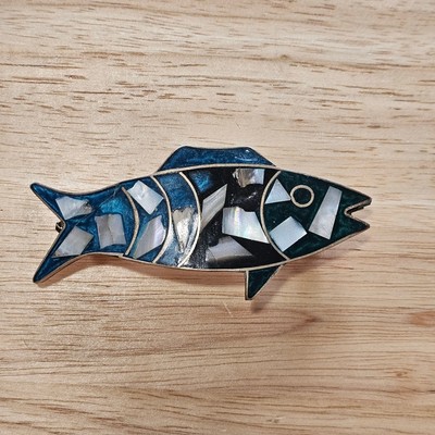 Alpaca Silver Fish Barrette in Blue and Black Inlaid with  display picture 1