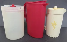 3 VINTAGE TUPPERWARE PITCHERS, #874, 1676 & 3333, PUSH BUTTON & ROCKER LIDS
