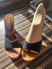 Vintage Oasis Y2K Black Leather Wooden Heeled Mules Size 5 EU 38