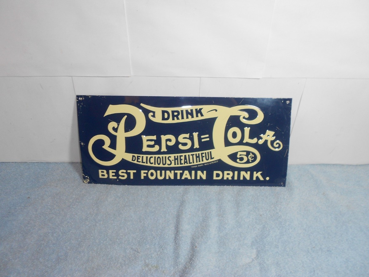 VINTAGE 14x6 in DRINK PEPSI-COLA 5c ADV. SIGN EMBOSSED TIN METAL
