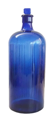 Vintage Cobalt Blue Ribbed Glass Bottle-Matching Square Glass Stopper. - Image 1 of 4