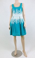 STUDIO M Embroidered Dress Sleeveless Pleated Skirt Turquoise Blue S