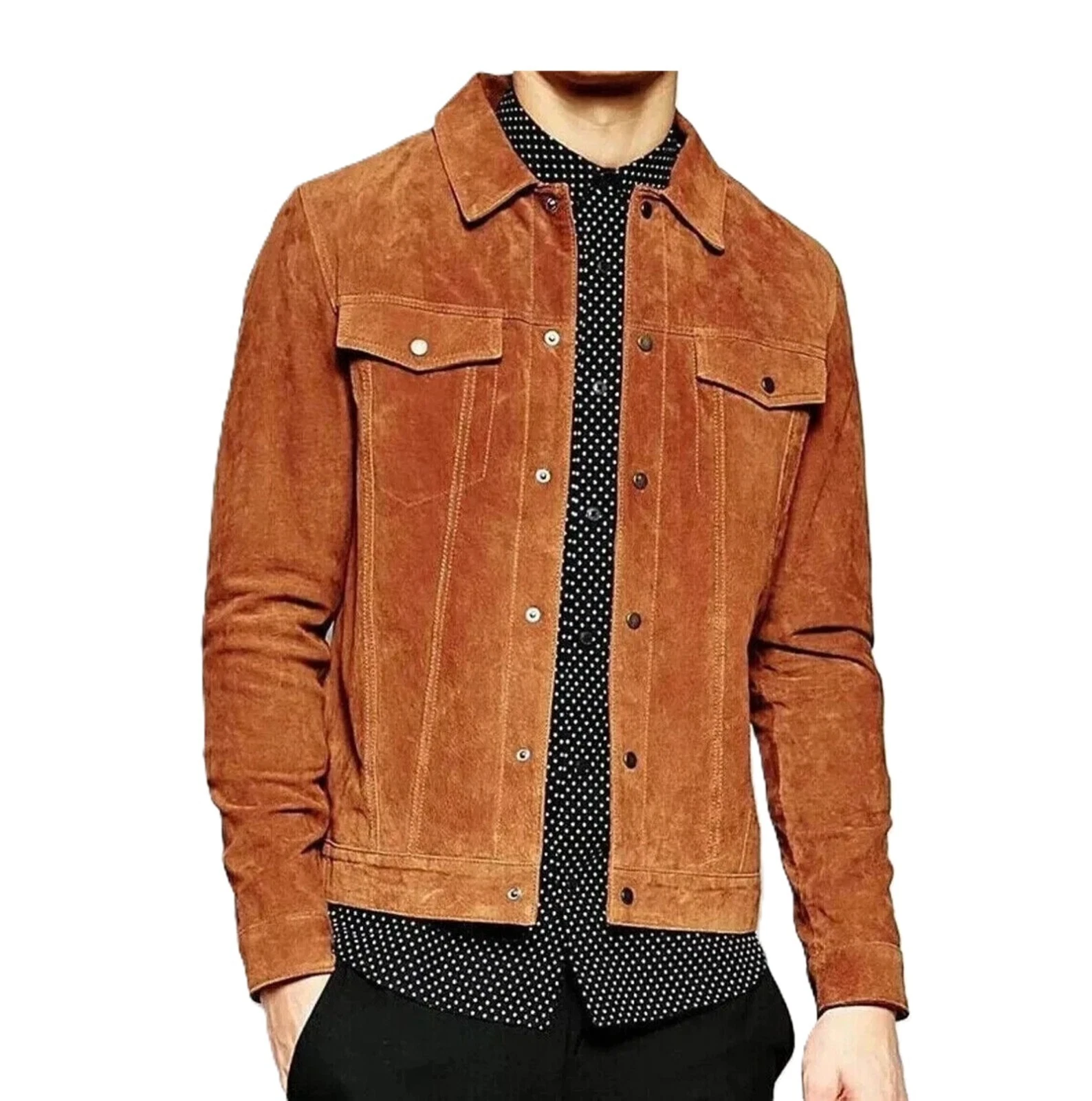 Men's Real Suede Leather Tan Brown Trucker Jacket Denim Style Button Biker Coat
Opens in a new windo