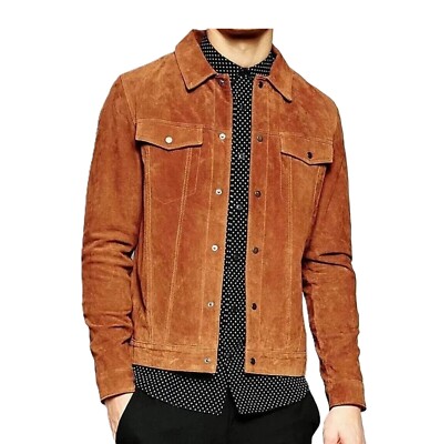Men's Real Suede Leather Tan Brown Trucker Jacket Denim Style Button Biker Coat
