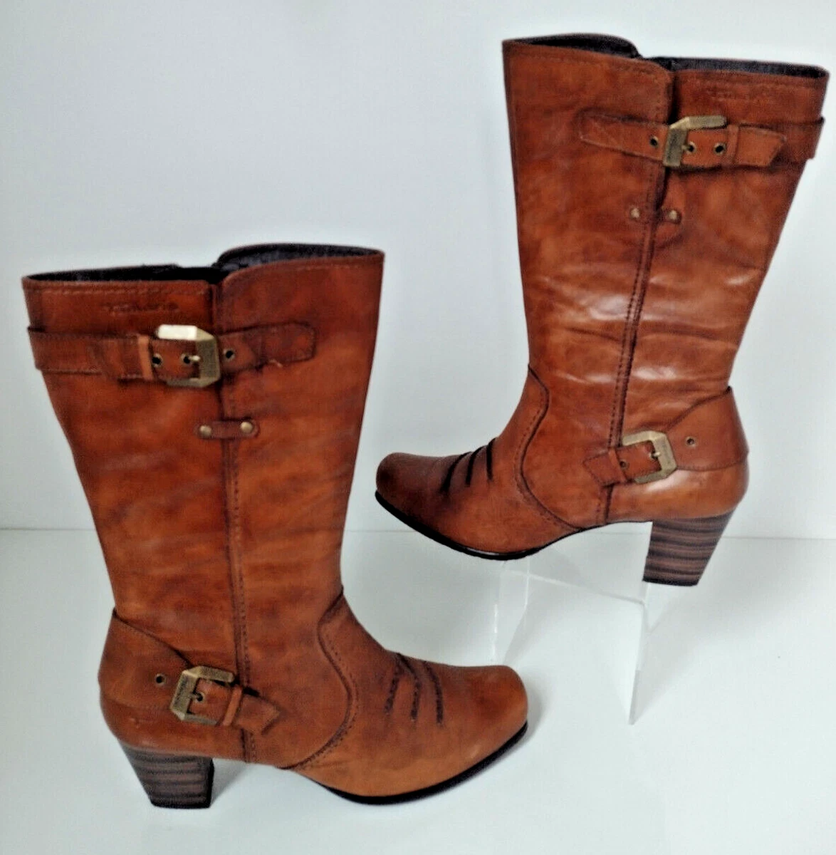 Tan leather calf length boots top