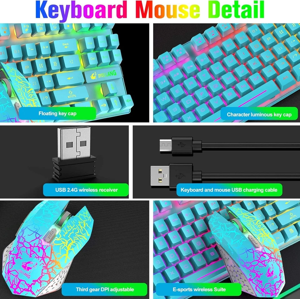 Wireless Gaming Keyboard and Mouse Rainbow Backlit Rechargeable Mechanical Feel - Image 4 of 4