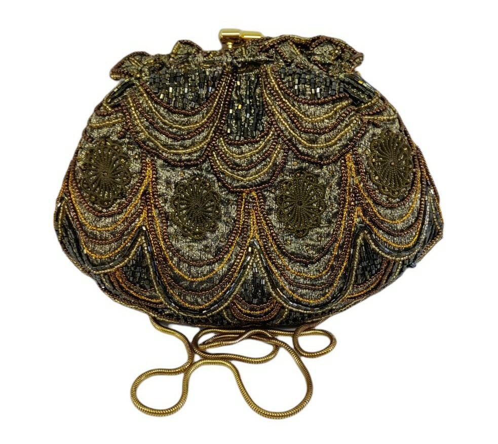 VTG Beaded Evening Bag With Filigree Hearts Kiss Clasp & Chain Gold Brown