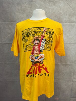 One Piece Tee Shirt Mens Yellow Hot Topic Luffy Map & Kanji