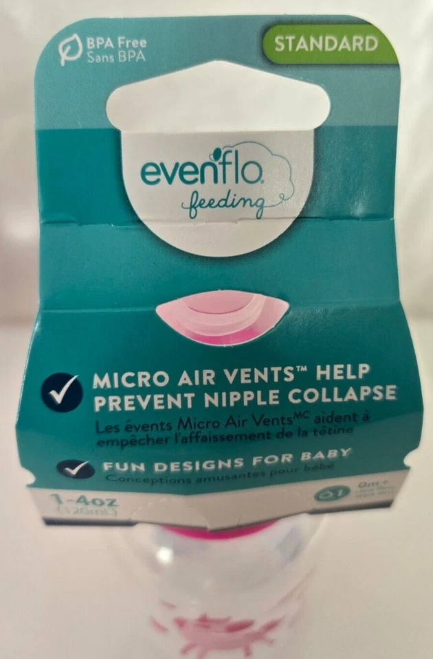 Paquete de 4 botellas Evenflo de 1-4 oz 0 m+ de flujo lento pezón rosa estampado de pony sin BPA Foto 3 de 3