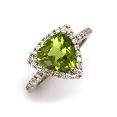 Cocktailring 3,5 ctw natürlicher grüner Trillion Peridot Diamant 14 kt Weißgold Heiligenschein